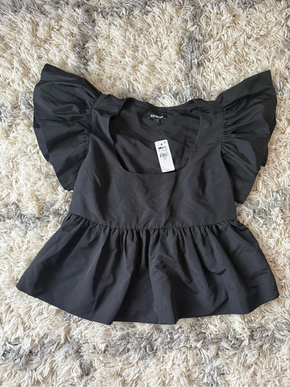 Express Black Square Neck Peplum Top with Flutter Sleeves